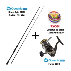 combo spinning oceanic team blaze spin 90mh ( 2.70m / 15 40gr ) + oceanic team force gs4000 + ryobi colorful x8 braid 120m multicolor
