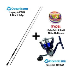 combo lrf oceanic team legacy aj/76m ( 2.28m / 1 9gr ) + oceanic team poseidon 1500lw + ryobi colorful x8 braid 120m multicolor