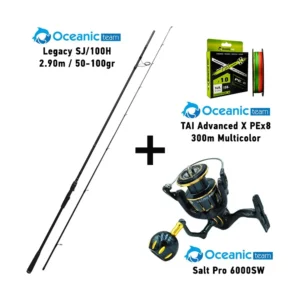 combo shore jigging oceanic team legacy sj/100Η ( 2.90m / 50 100gr ) + oceanic team salt pro 6000sw + oceanic team tai advanced Χ pex8 300m multicolor