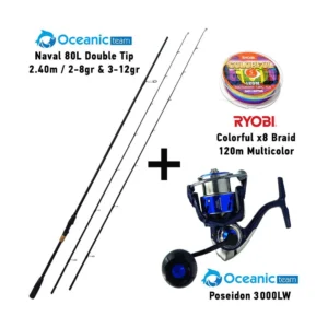 combo lrf oceanic team naval 80m double tip ( 2.40m / 7 28gr & 10 32gr ) + oceanic team poseidon 3000lw + ryobi colorful x8 braid 120m multicolor