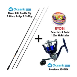 combo lrf oceanic team naval 80l double tip ( 2.40m / 2 8gr & 3 12gr ) + oceanic team poseidon 1500lw + ryobi colorful x8 braid 120m multicolor